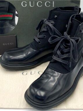 Gucci Black Unisex Lace-Up Rubber-Trim Combat Boots